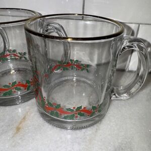 Set Of 4Vintage Libbey Arby's Christmas Holly Berry Glass Mug Gold Rim 10ozGW995